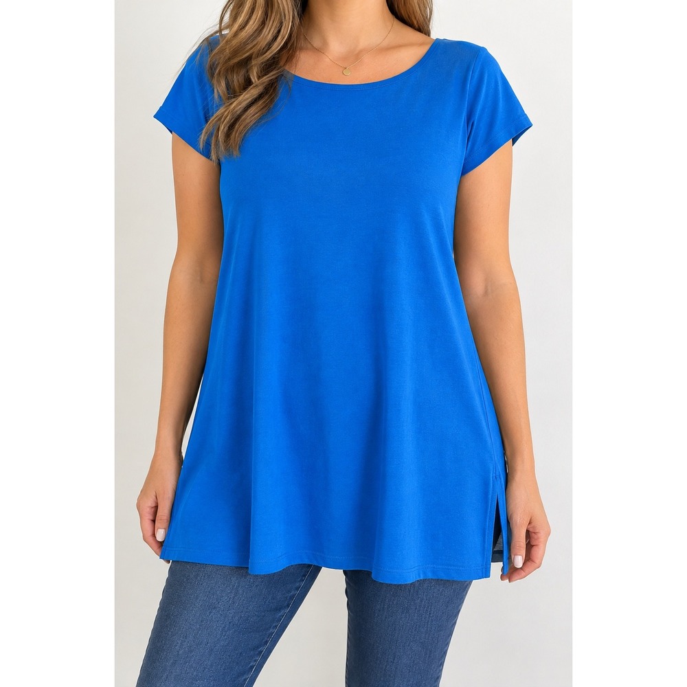 Eileen Fisher XL Blue Tunic Top Short Sleeve Side Slit A-Line Jersey Made USA